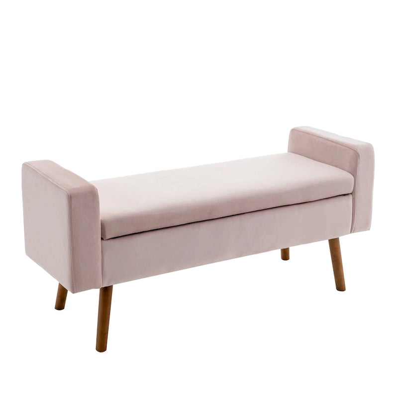 Banc de rangement en velours avec pieds en hévéa