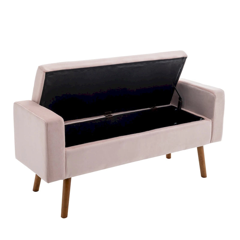 Banc de rangement en velours avec pieds en hévéa