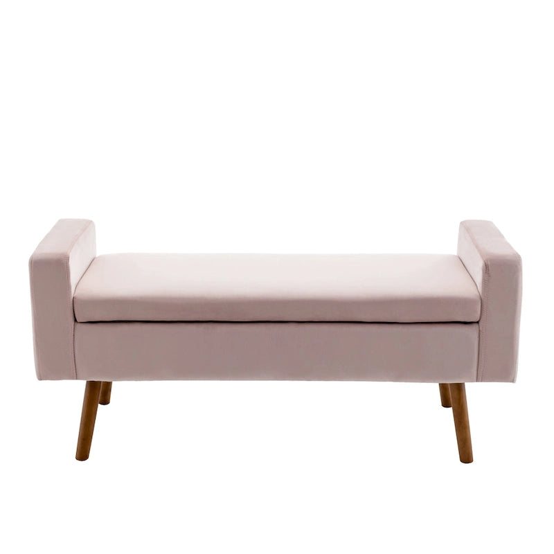 Banc de rangement en velours avec pieds en hévéa
