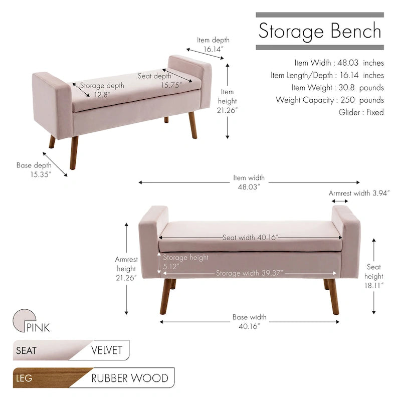 Banc de rangement en velours avec pieds en hévéa
