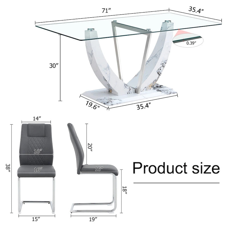 Modern Tempered Glass Dining Table Set with U-shaped Marble Pattern Base and PU Upholstered Chairs