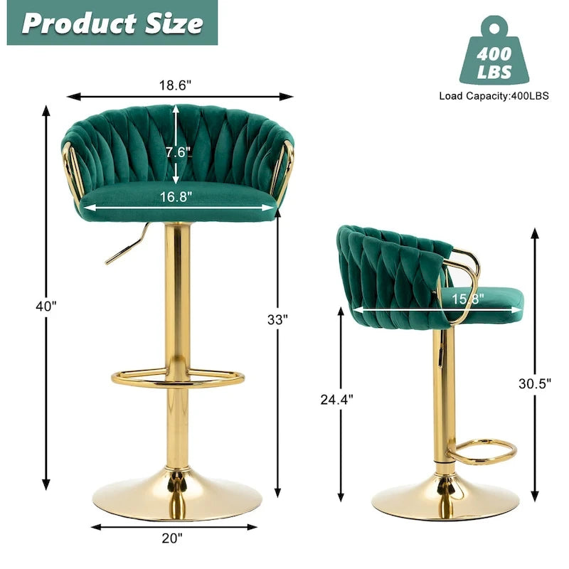 Set of 4 Bar Stool Adjustable Height Swivel Velvet Woven