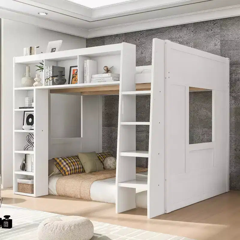 Whisen Queen Size Wooden Loft Bed Frame with Storage Cabinets and Shelves