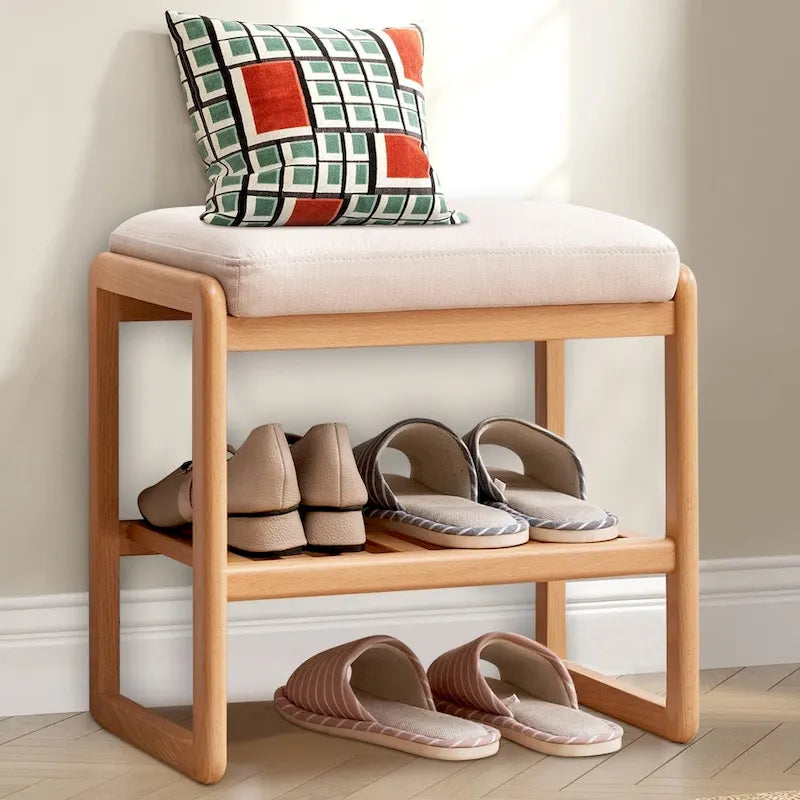 Banc à chaussures en bois massif avec coussin éponge, Étagère à chaussures pour entrée - 23