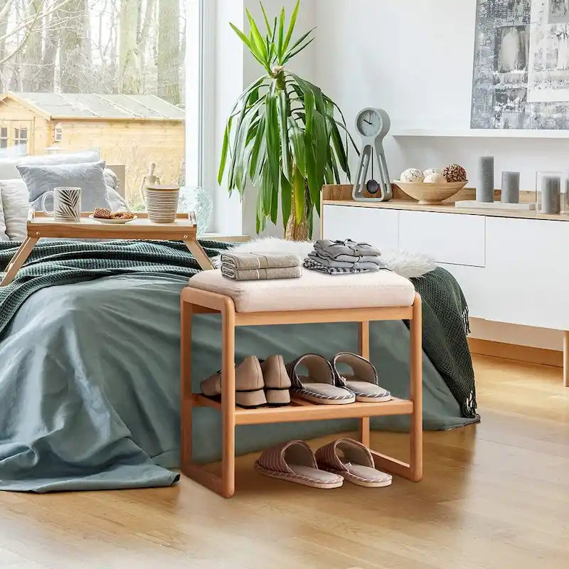 Banc à chaussures en bois massif avec coussin éponge, Étagère à chaussures pour entrée - 23