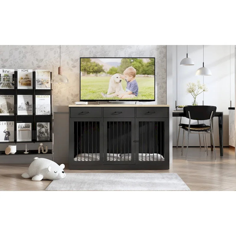 Modern Large Dog Crate with Storage Drawers - Elegant Espresso Finish