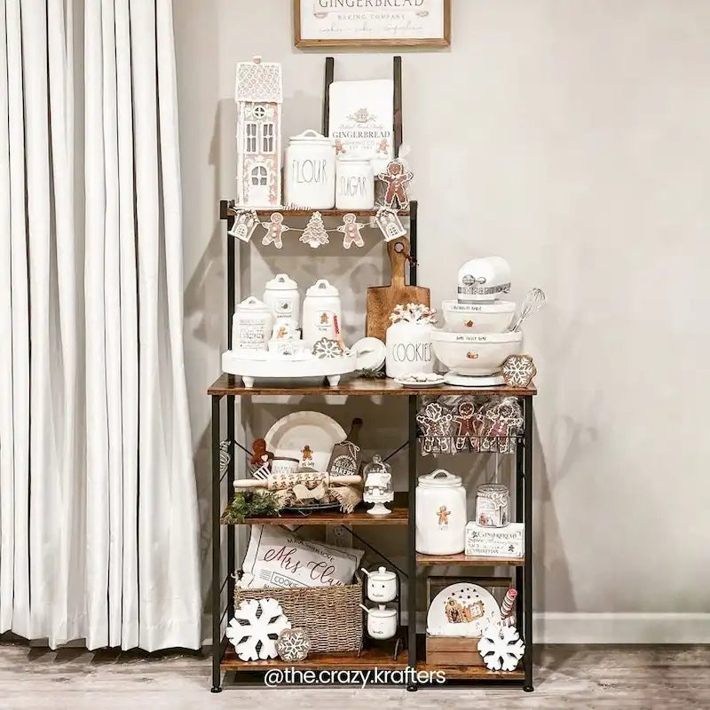 Étagère de cuisine style rustique avec panier métallique et 6 crochets en S, parfaite pour micro-ondes ou four - 35,4L x 15,7W x 52H