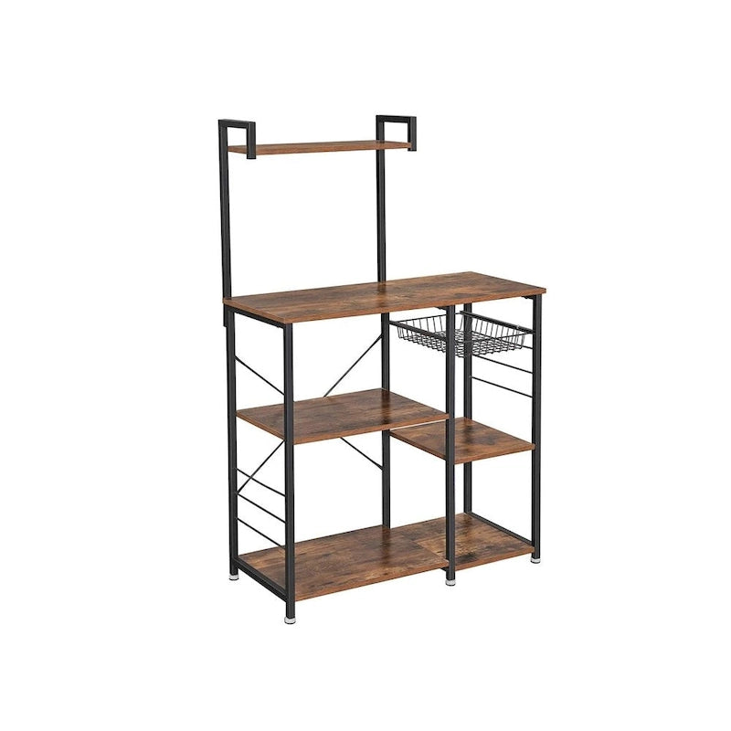 Étagère de cuisine style rustique avec panier métallique et 6 crochets en S, parfaite pour micro-ondes ou four - 35,4L x 15,7W x 52H
