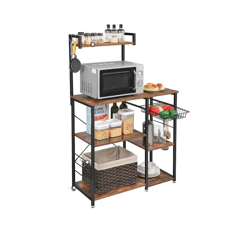 Étagère de cuisine style rustique avec panier métallique et 6 crochets en S, parfaite pour micro-ondes ou four - 35,4L x 15,7W x 52H