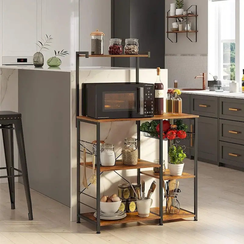 Étagère de cuisine style rustique avec panier métallique et 6 crochets en S, parfaite pour micro-ondes ou four - 35,4L x 15,7W x 52H