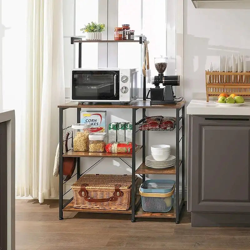 Étagère de cuisine style rustique avec panier métallique et 6 crochets en S, parfaite pour micro-ondes ou four - 35,4L x 15,7W x 52H