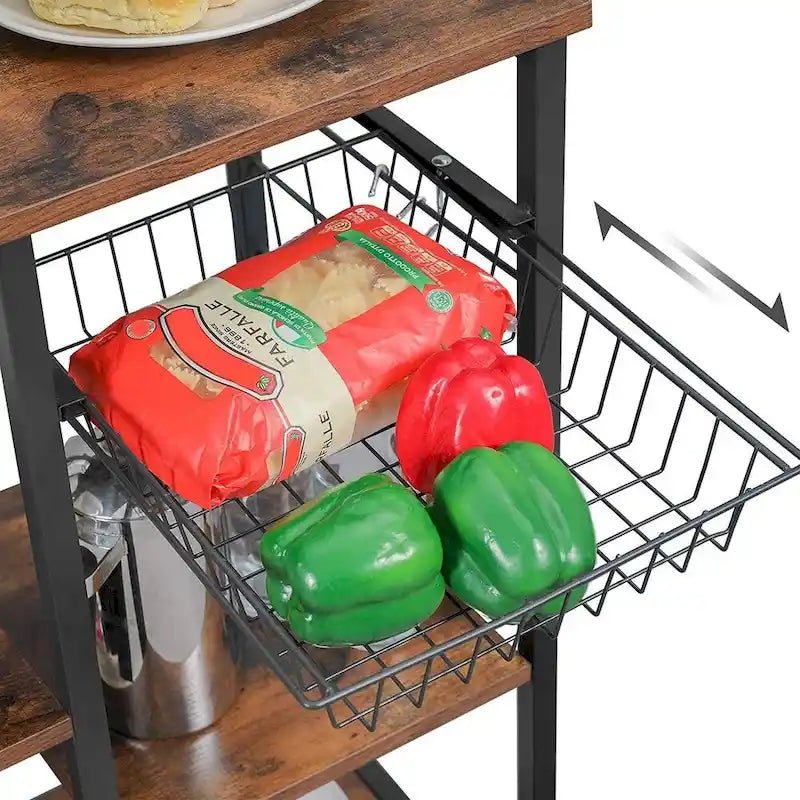 Étagère de cuisine style rustique avec panier métallique et 6 crochets en S, parfaite pour micro-ondes ou four - 35,4L x 15,7W x 52H