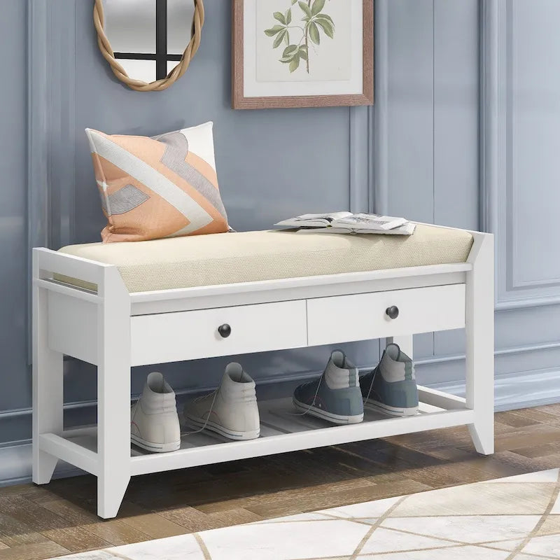 Meuble à chaussures avec assise capitonnée et tiroirs, banc de rangement multifonction pour entrée