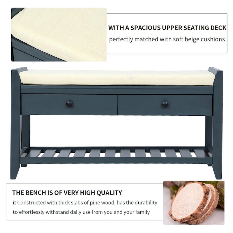 Meuble à chaussures avec assise capitonnée et tiroirs, banc de rangement multifonction pour entrée