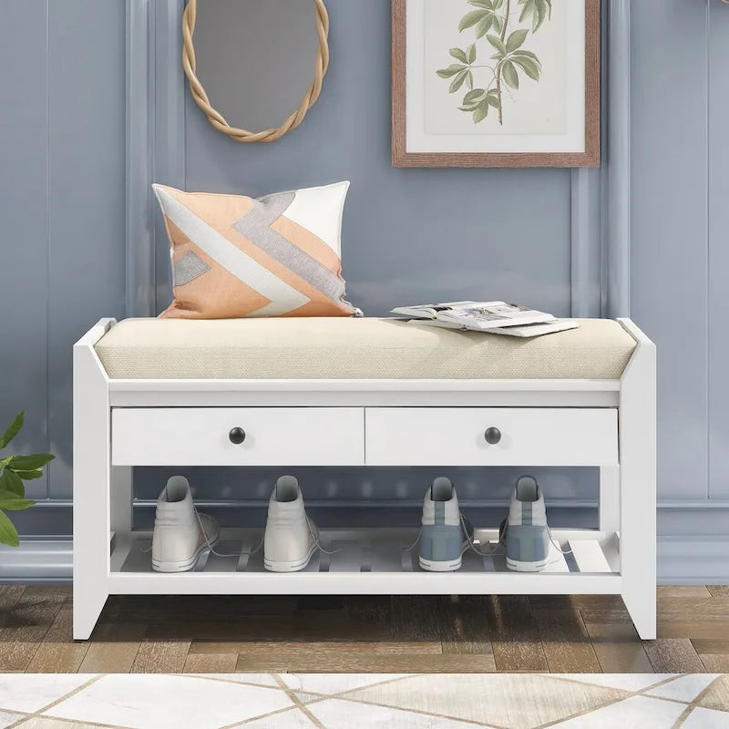 Meuble à chaussures avec assise capitonnée et tiroirs, banc de rangement multifonction pour entrée