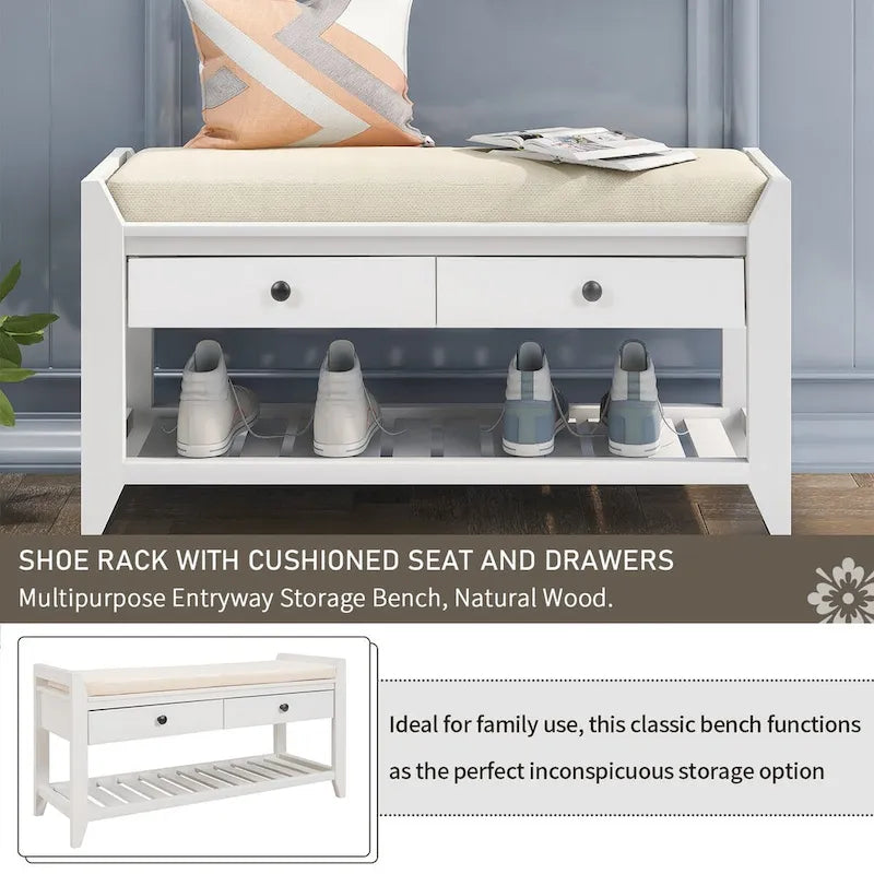 Meuble à chaussures avec assise capitonnée et tiroirs, banc de rangement multifonction pour entrée