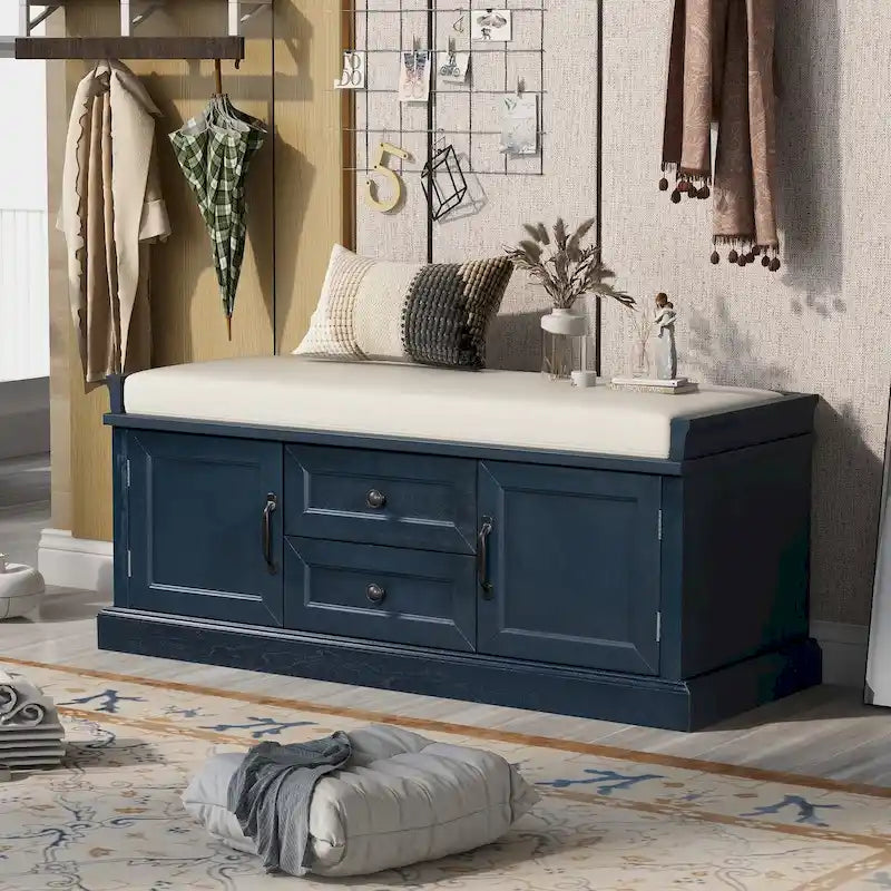 Banc de rangement avec 2 tiroirs et 2 placards, Banc à chaussures avec coussin amovible pour salon, entrée