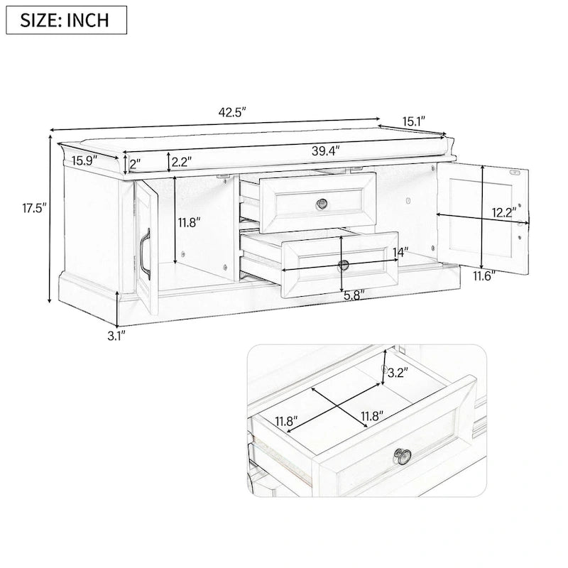 Banc de rangement avec 2 tiroirs et 2 placards, Banc à chaussures avec coussin amovible pour salon, entrée