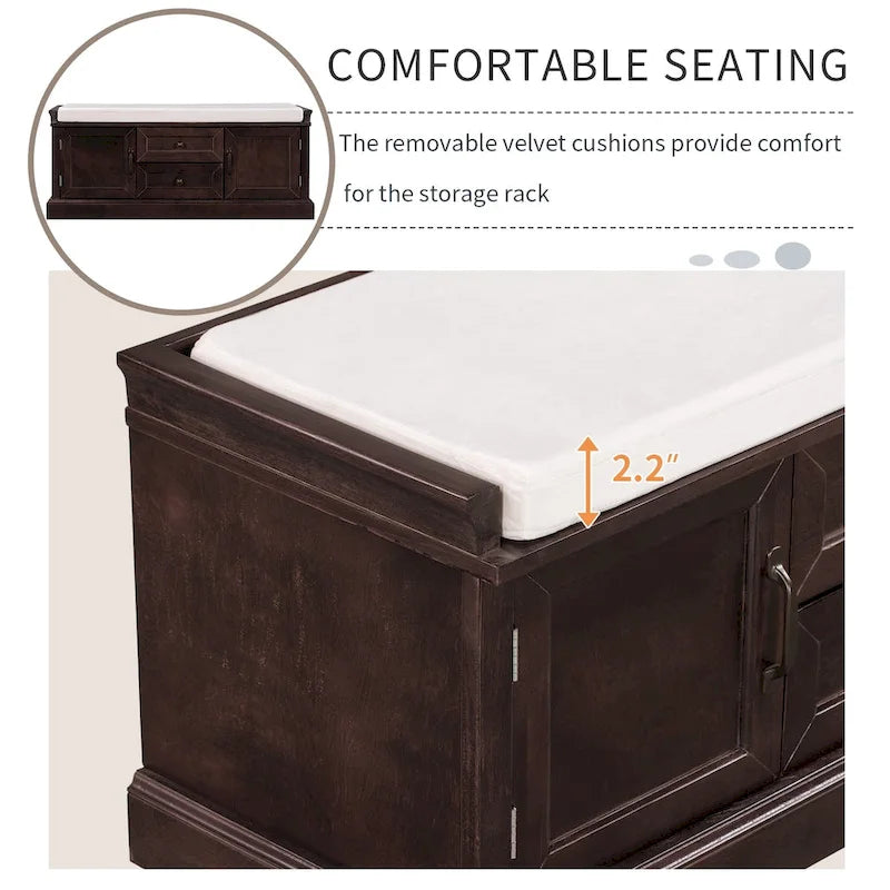 Banc de rangement avec 2 tiroirs et 2 placards, Banc à chaussures avec coussin amovible pour salon, entrée