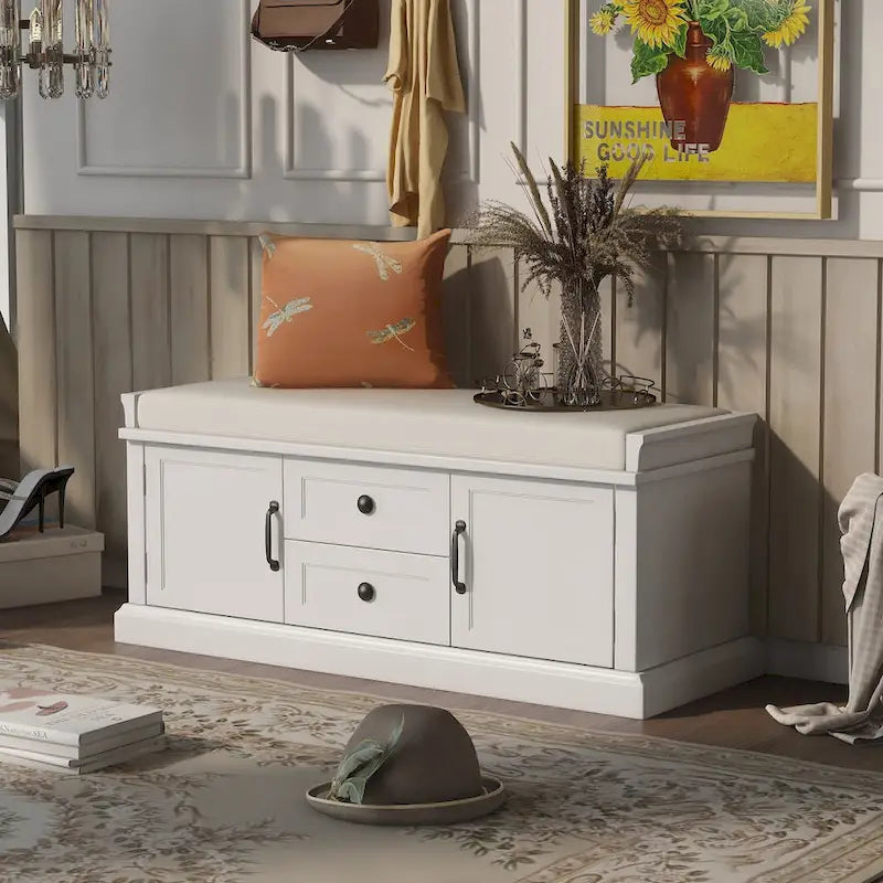 Banc de rangement avec 2 tiroirs et 2 placards, Banc à chaussures avec coussin amovible pour salon, entrée