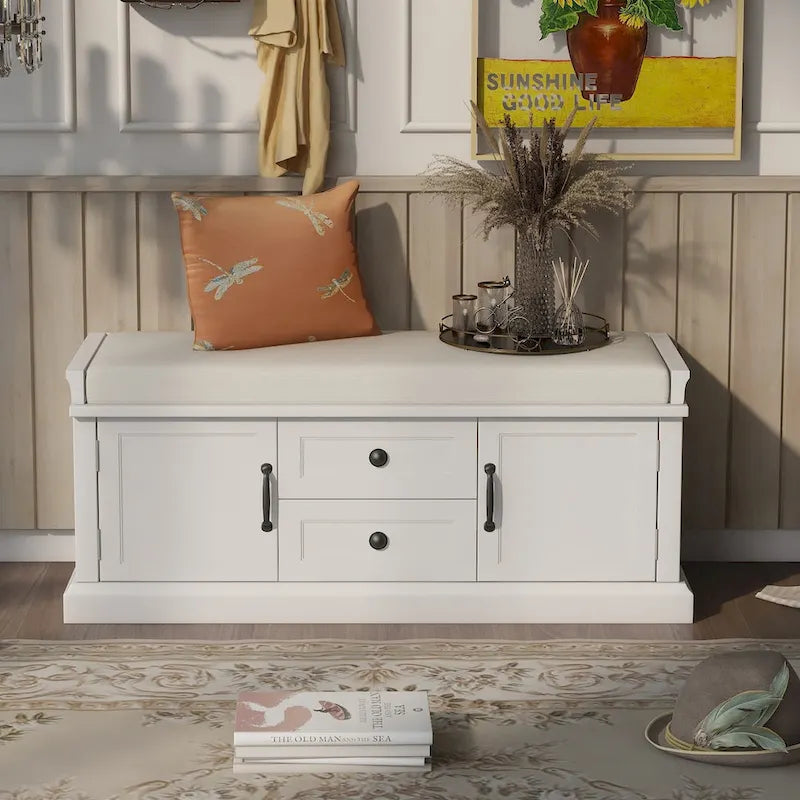 Banc de rangement avec 2 tiroirs et 2 placards, Banc à chaussures avec coussin amovible pour salon, entrée