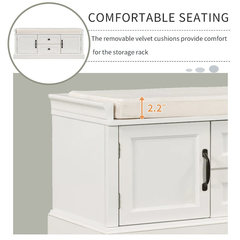 Banc de rangement avec 2 tiroirs et 2 placards, Banc à chaussures avec coussin amovible pour salon, entrée