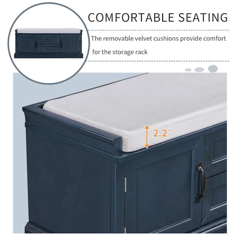 Banc de rangement avec 2 tiroirs et 2 placards, Banc à chaussures avec coussin amovible pour salon, entrée
