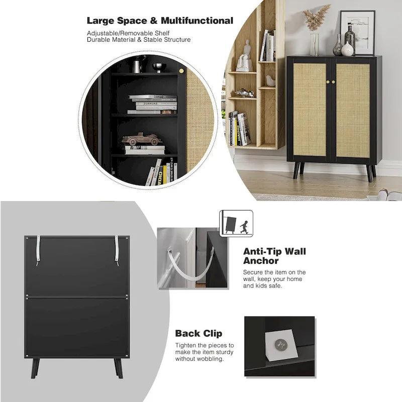 Buffet moderne à 2 portes noir, meuble de rangement, armoire d'appoint avec étagères réglables