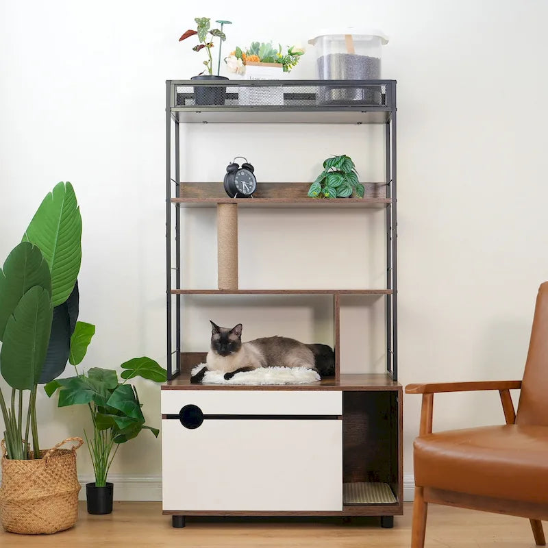 Cache-litière avec étagères, Litière cachée avec poteaux à griffer, Meuble pour litière, Arbre à chat en bois