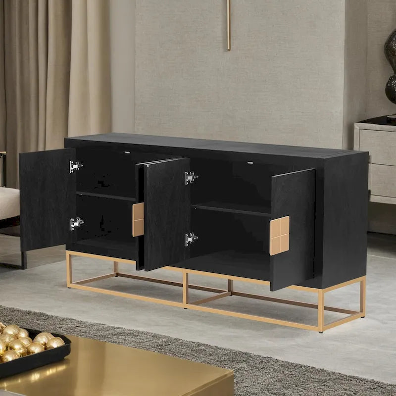 Des armoires de luxe avec des pieds de support uniques et des étagères réglables.