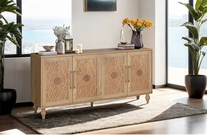 Carved Flower Door Large Storage Cabinet With Metal Handle