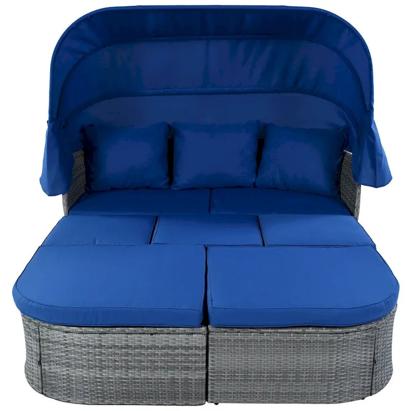 Outdoor Gray Wicker Daybed with Cushions and Retractable Canopy