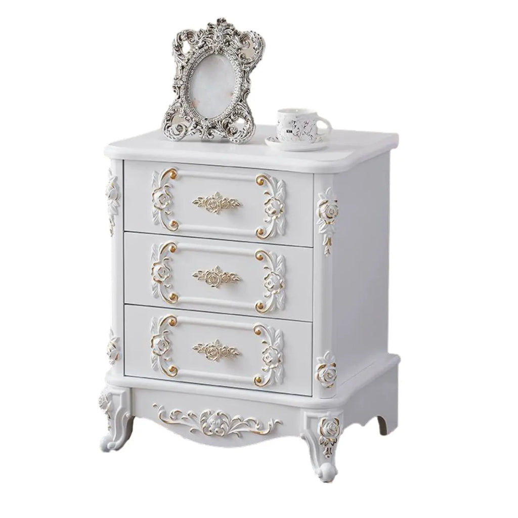 Traditional White Wood Carved 3-Drawer Nightstand