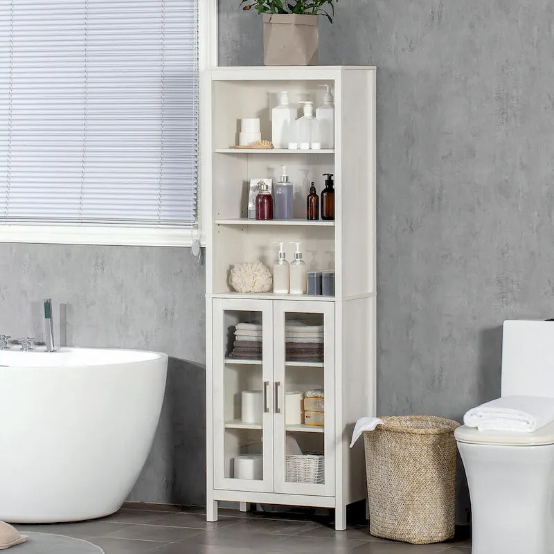 Armoire de rangement haute pour salle de bain avec étagère à 3 niveaux, armoire à porte vitrée, tour de lin autoportante avec étagères réglables