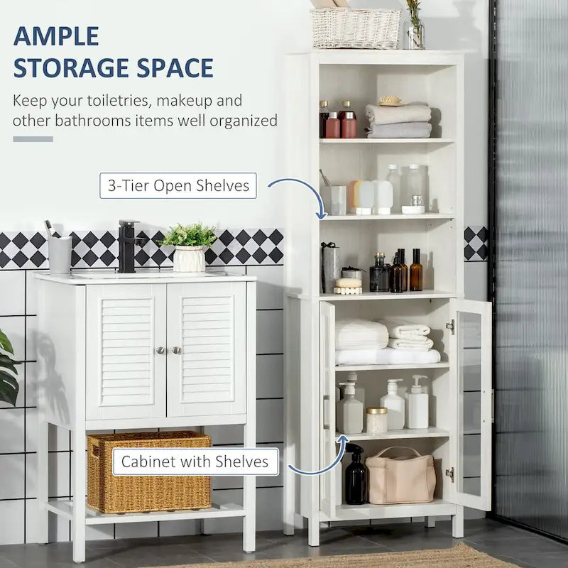 Armoire de rangement haute pour salle de bain avec étagère à 3 niveaux, armoire à porte vitrée, tour de lin autoportante avec étagères réglables