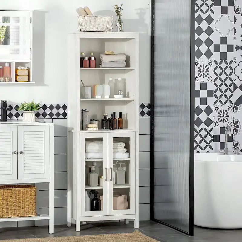Armoire de rangement haute pour salle de bain avec étagère à 3 niveaux, armoire à porte vitrée, tour de lin autoportante avec étagères réglables