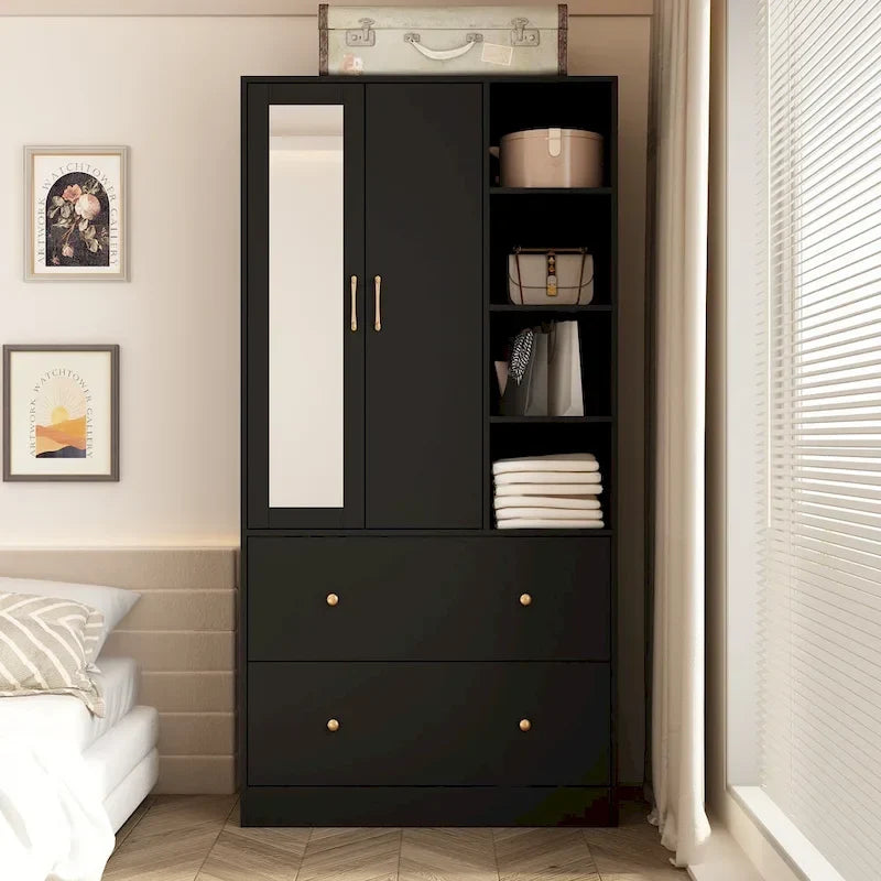 Wardrobe Clo Armoire wi/Mirror & Scalable Hanging Rod Space Saving