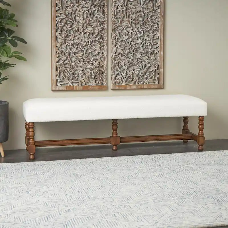 Banc maison en tissu avec pieds tournés en bois traditionnels marron - Crème - Roche River Decor