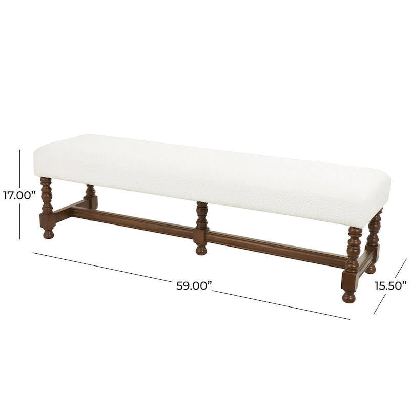Banc maison en tissu avec pieds tournés en bois traditionnels marron - Crème - Roche River Decor