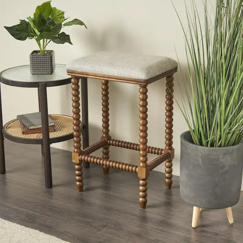 Banc maison en tissu avec pieds tournés en bois traditionnels marron - Crème - Roche River Decor
