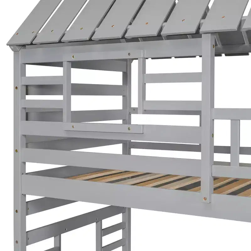 Whisen Twin over Twin House Bunk Bed with Trundle and Slide, Storage Staircase, Roof and Window Design