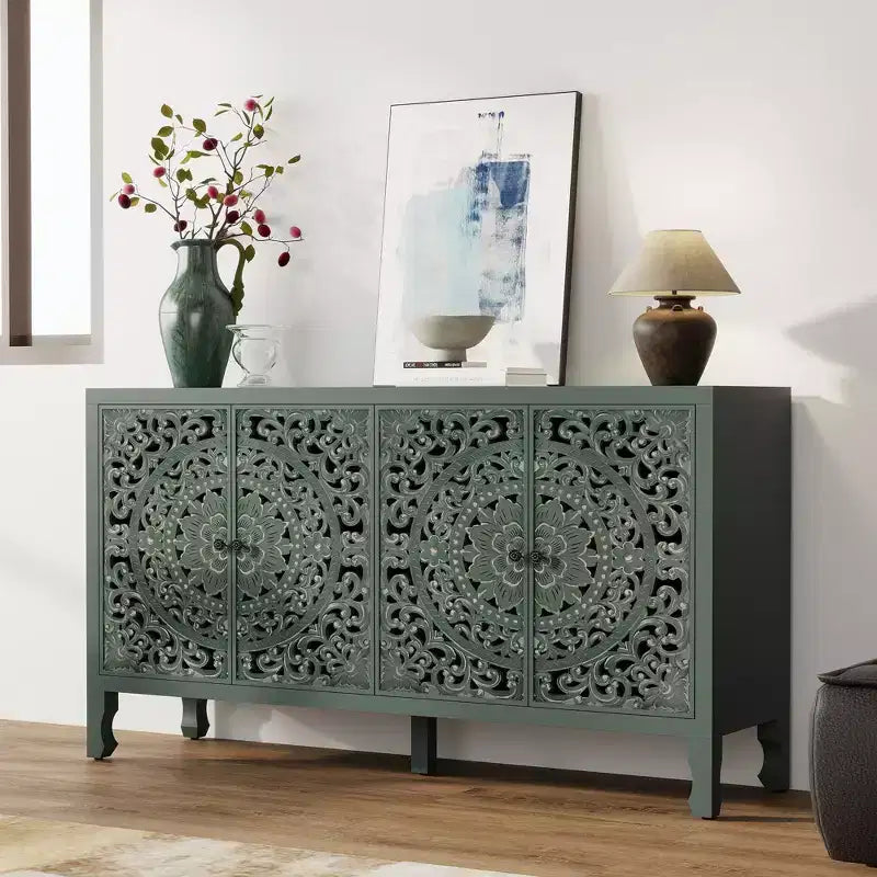 Buffet Cabinet with Storage, Distressed Storage Cabinet with 4 Carved Doors and Adjustable Shelf, Wooden Accent Sideboard Buffet Cabinets