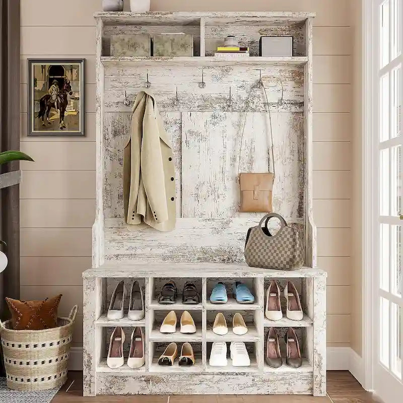 Hall Tree Storage Bench 3-in-1 Entryway Bench Coat Rack