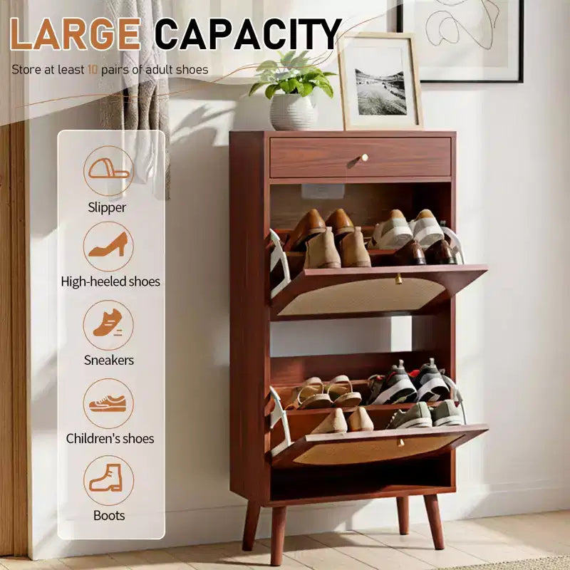 Rattan Panel 1 Drawer 2 Flip-Drawer Shoe Cabinet Particleboard 21.26 W