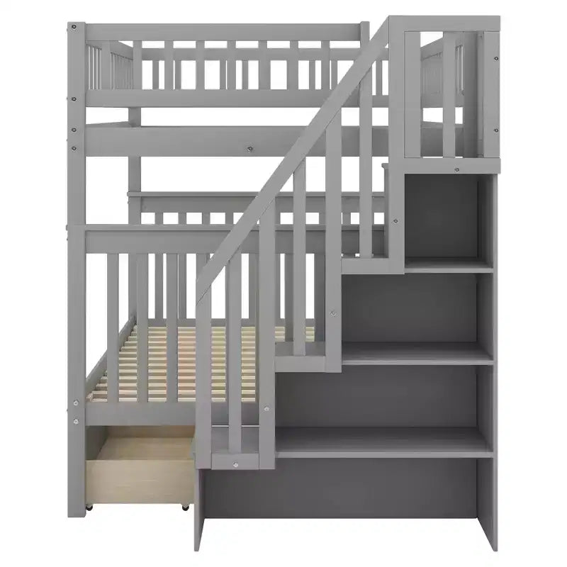 Full over Full Bunk Bed with Two Storage Drawers and Storage Shelves for Kids Teens Adults Bedroom