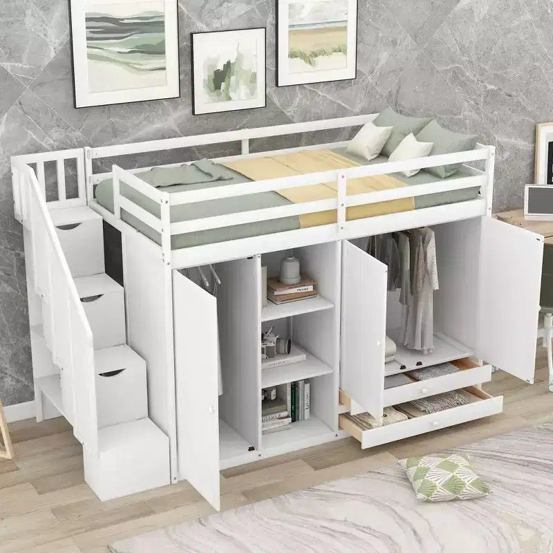 93.3 Functional Loft Bed with Wardrobes, Shelves, Drawers and Storage Ladder