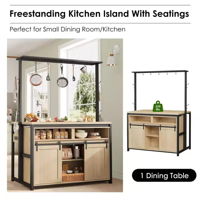 Kitchen Island , Bakers Rack with Sliding Barn Door 42 Large Kitchen Island Table with 3-Tier Microwave Stand Oven Shelves Coffee Bar Table Set