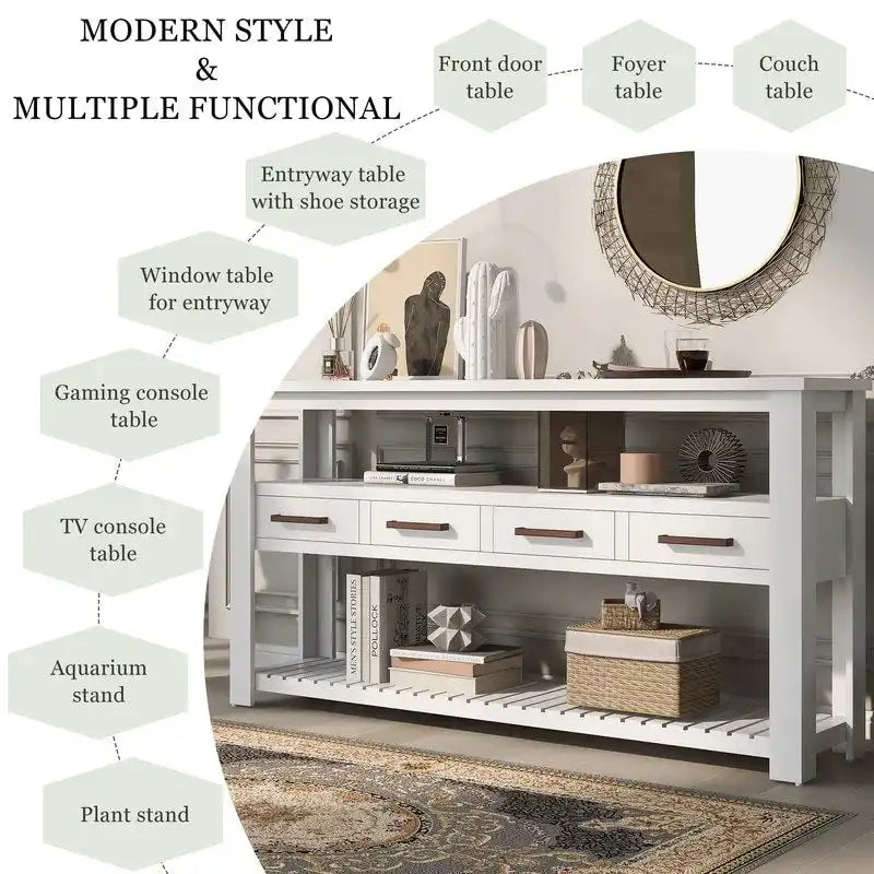 Long Entryway Console Sofa Table with Drawers, Farmhouse Wood Sofa Tables Console Table with 4 Drawers and 2 Shelves