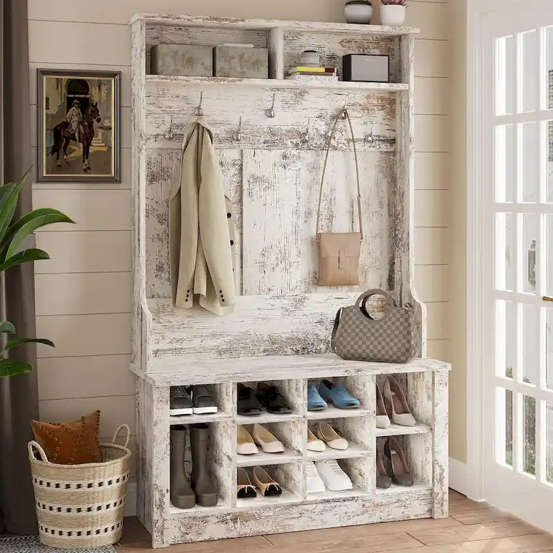 Hall Tree Storage Bench 3-in-1 Entryway Bench Coat Rack
