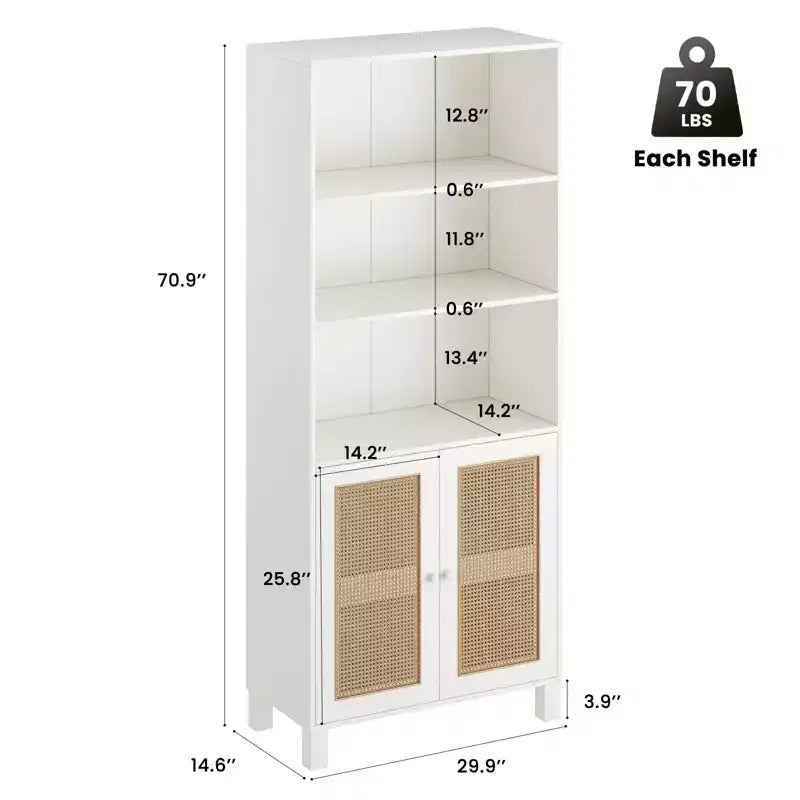 TUYOHW Tall Bookcase with Rattan Doors,5-Shelf Freestanding Storage Cabinet,Bookshelf for Living Room,Bedroom,Home Office